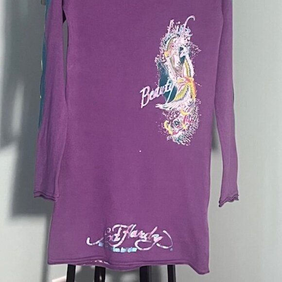 ED HARDY CHRISTIAN AUDUGIER SWEATER DRESS GRAPHIC PRINT RHINESTONES SIZE MEDIUM. - Picture 2 of 10
